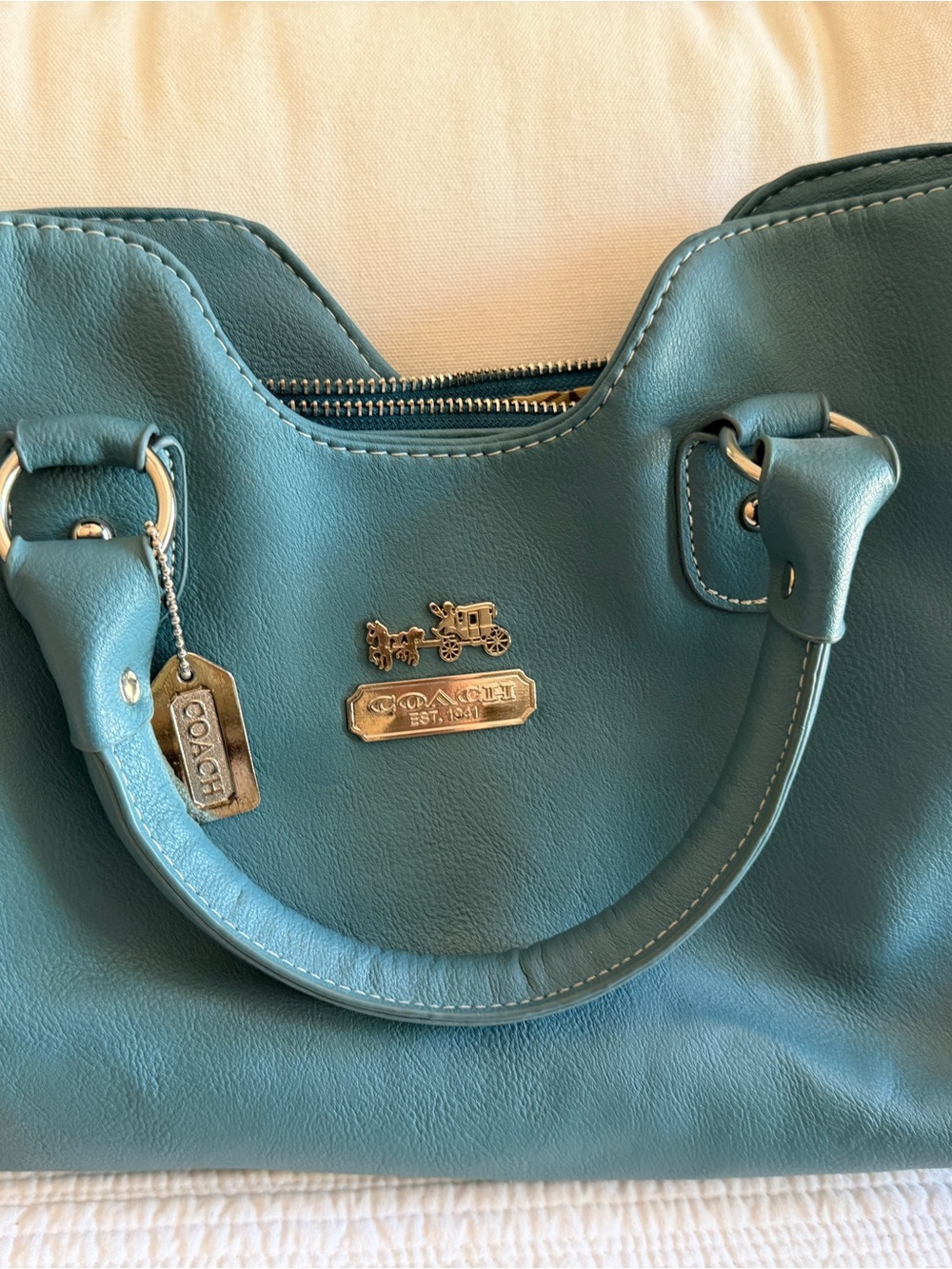 COACH Teal Leather Dome Satchel with Gold Hardware